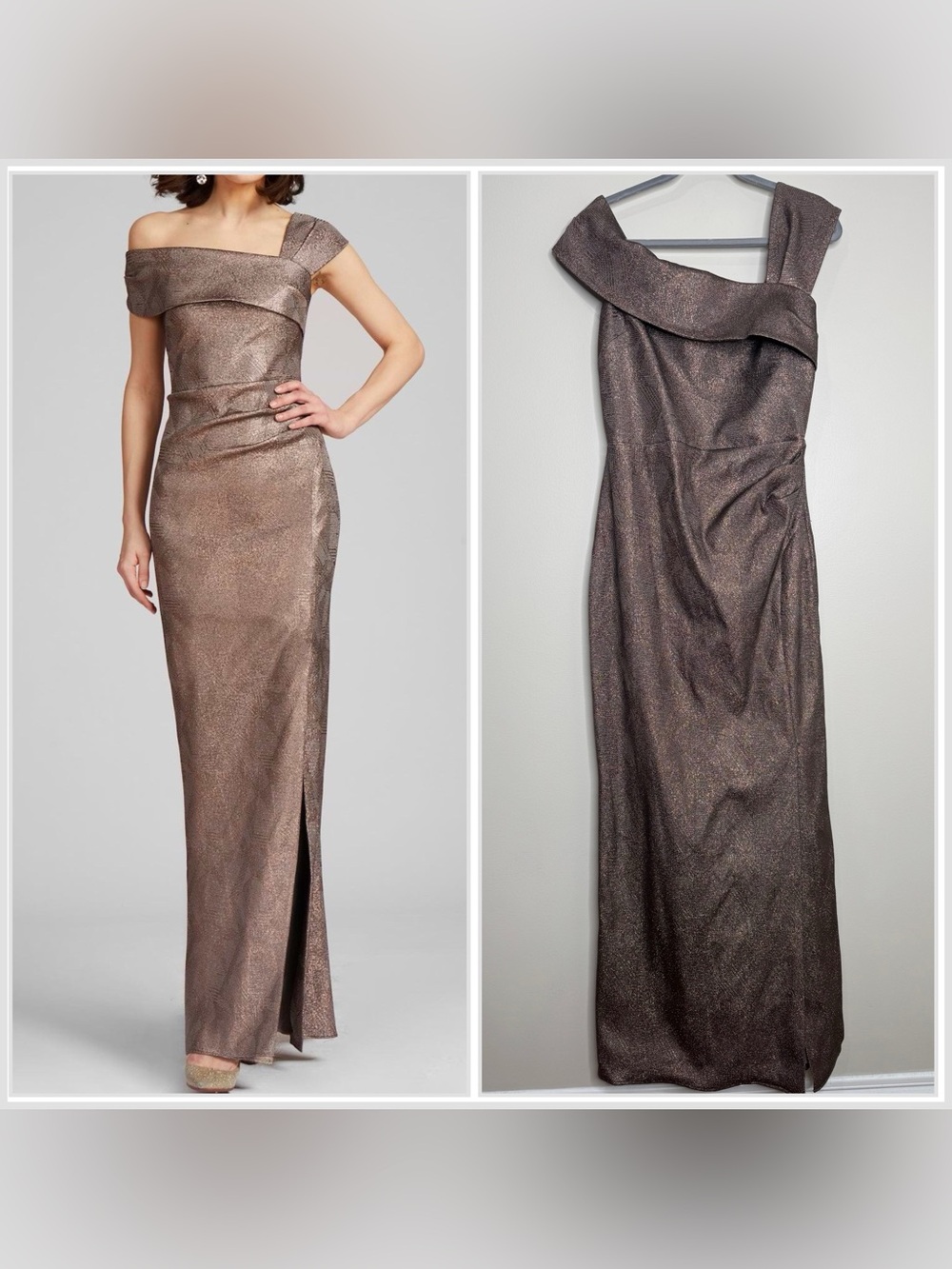 Teri Jon Rickie Freeman Metallic Jacquard Asymmetrical Shoulder Gown Bronze 14